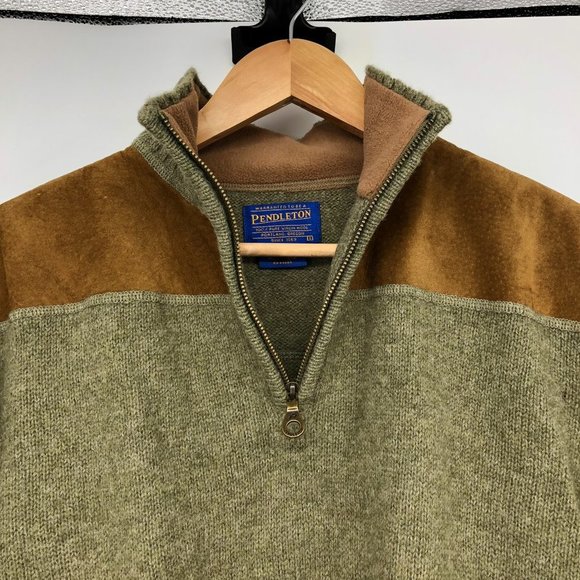 Pendleton Shetland Wool Olive Green Quarter Zip suede elbow patch sweater SP - Picture 12 of 16
